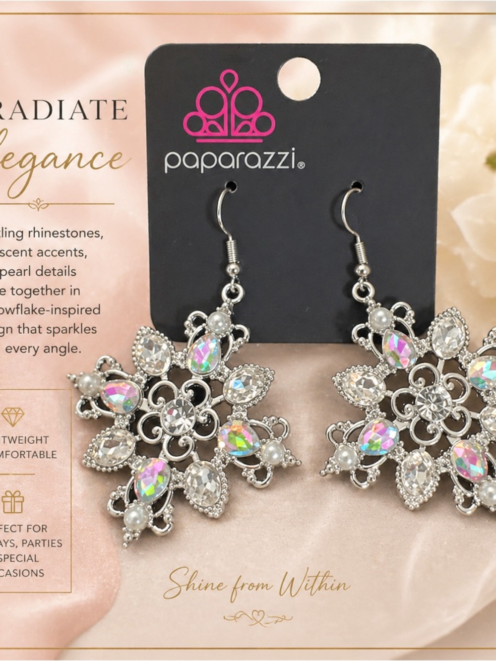 Paparazzi Silver Iridescent Snowflake Drop Earrings